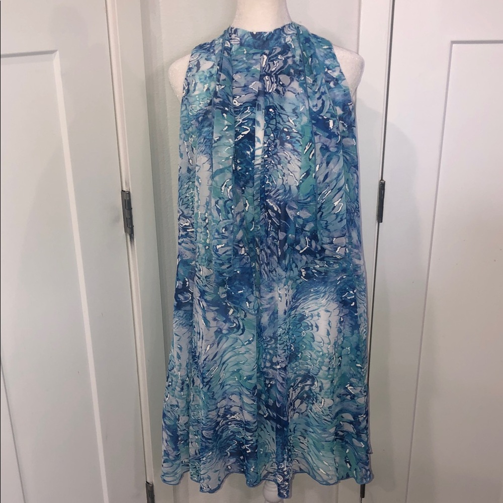 Signature by Robbie Bee Blue and White Sleeveless Dress Coastal summer vacation